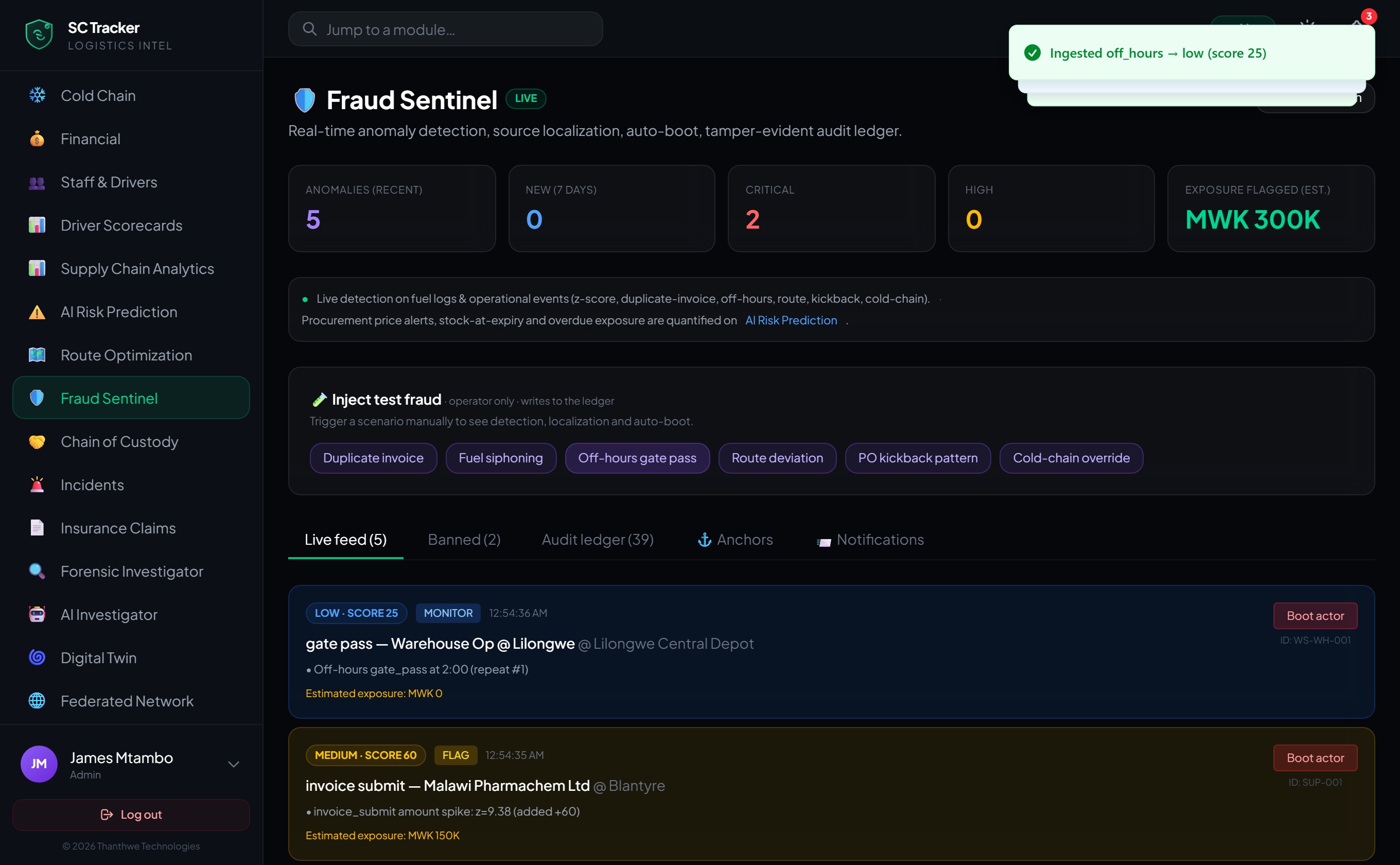 SC Tracker Fraud Sentinel live anomaly detection