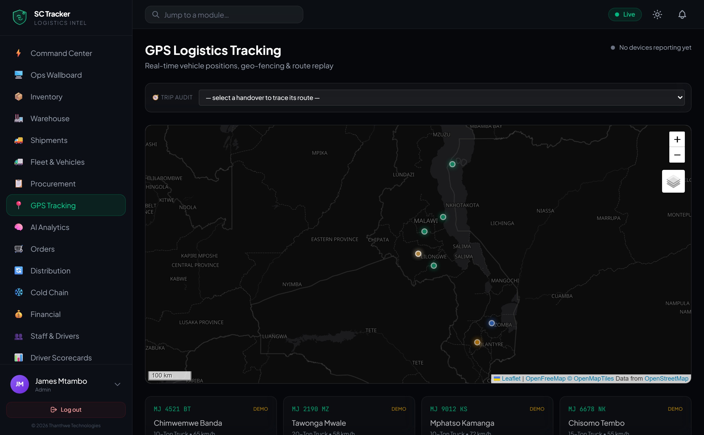 SC Tracker GPS logistics tracking map of Malawi
